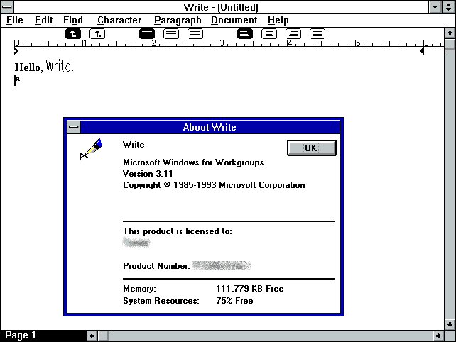 Microsoft Windows for Workgroups Version3.11版のWindows Writeの画面