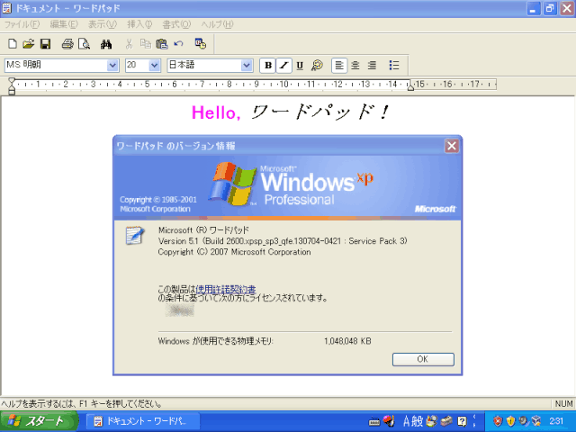 Microsoft ワードパッド Version 5.1の画面