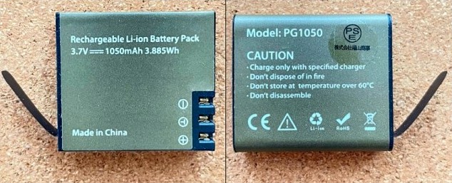 SJ4000互換バッテリーのPG1050（裏側・表側）